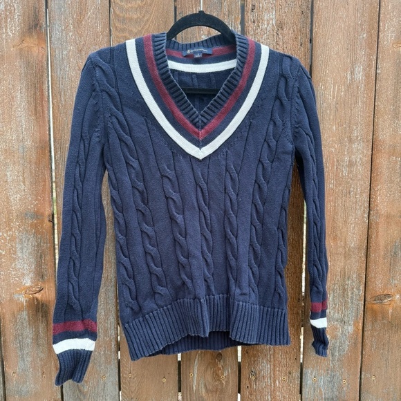Brooks Brothers Sweaters - Brooks Brothers Navy Red White V Neck Cable Knit Tennis Sweater Vintage Small